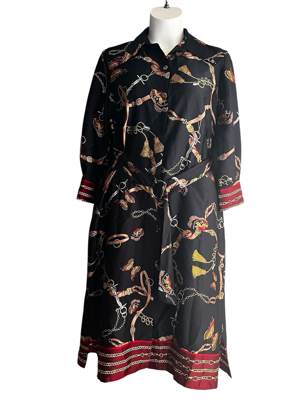 Zara Basic Black Midi Shirt Dress with Red Trim and Chain-Print